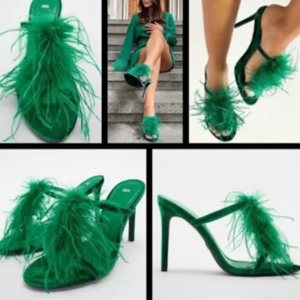 Zara Green Feather velvet heels Size 39
